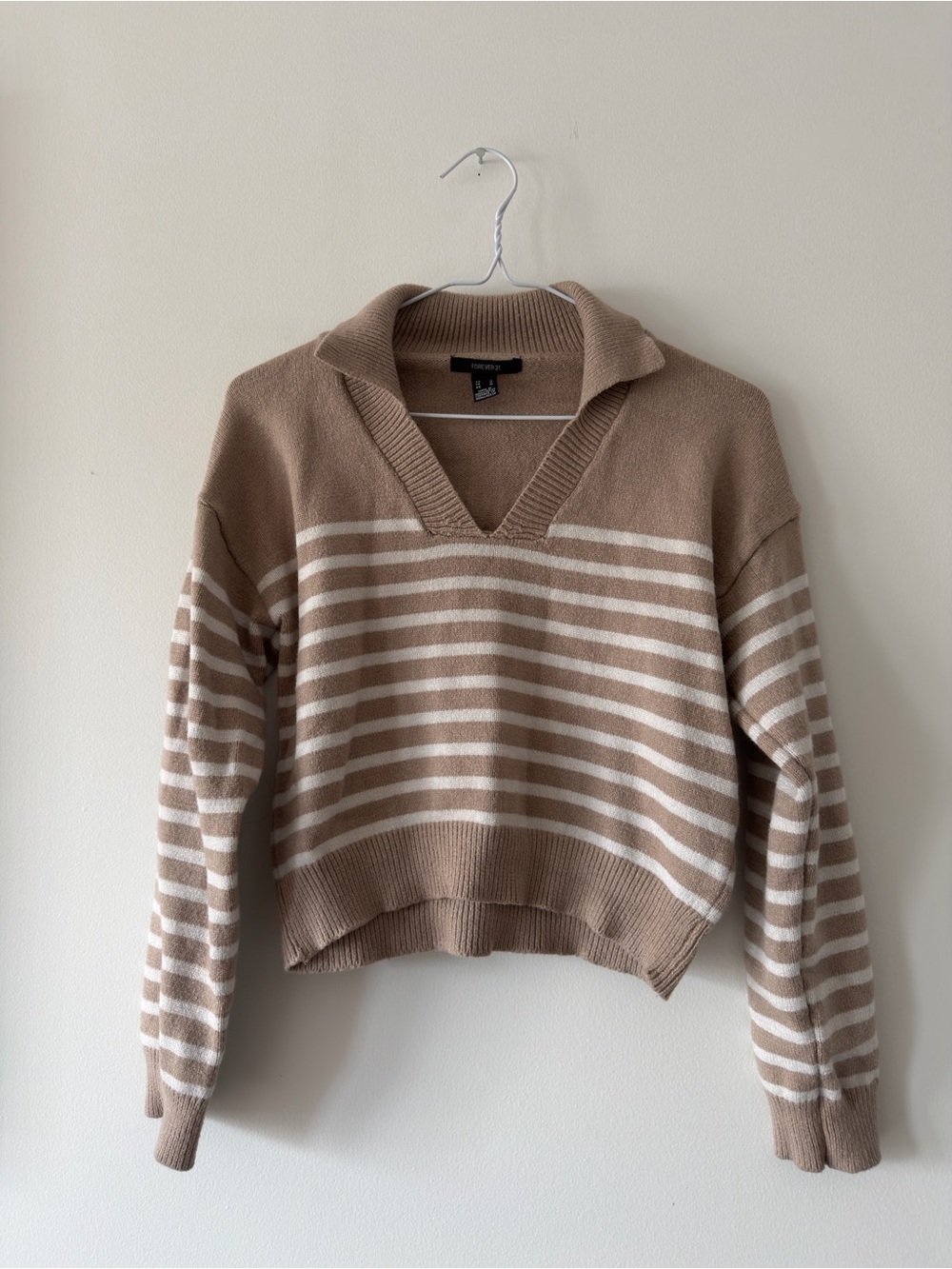 Forever 21 Tan and Cream Striped V-Neck Sweater